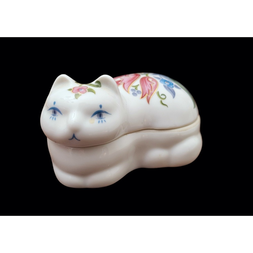 Elizabeth Arden Porcelain Trinket Box Dish Vintage Candle Handpainted Kitty Cat